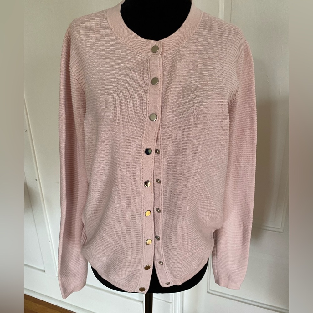 Baby Pink Button-Up Women's Crew Neck Cardigan. Size M.